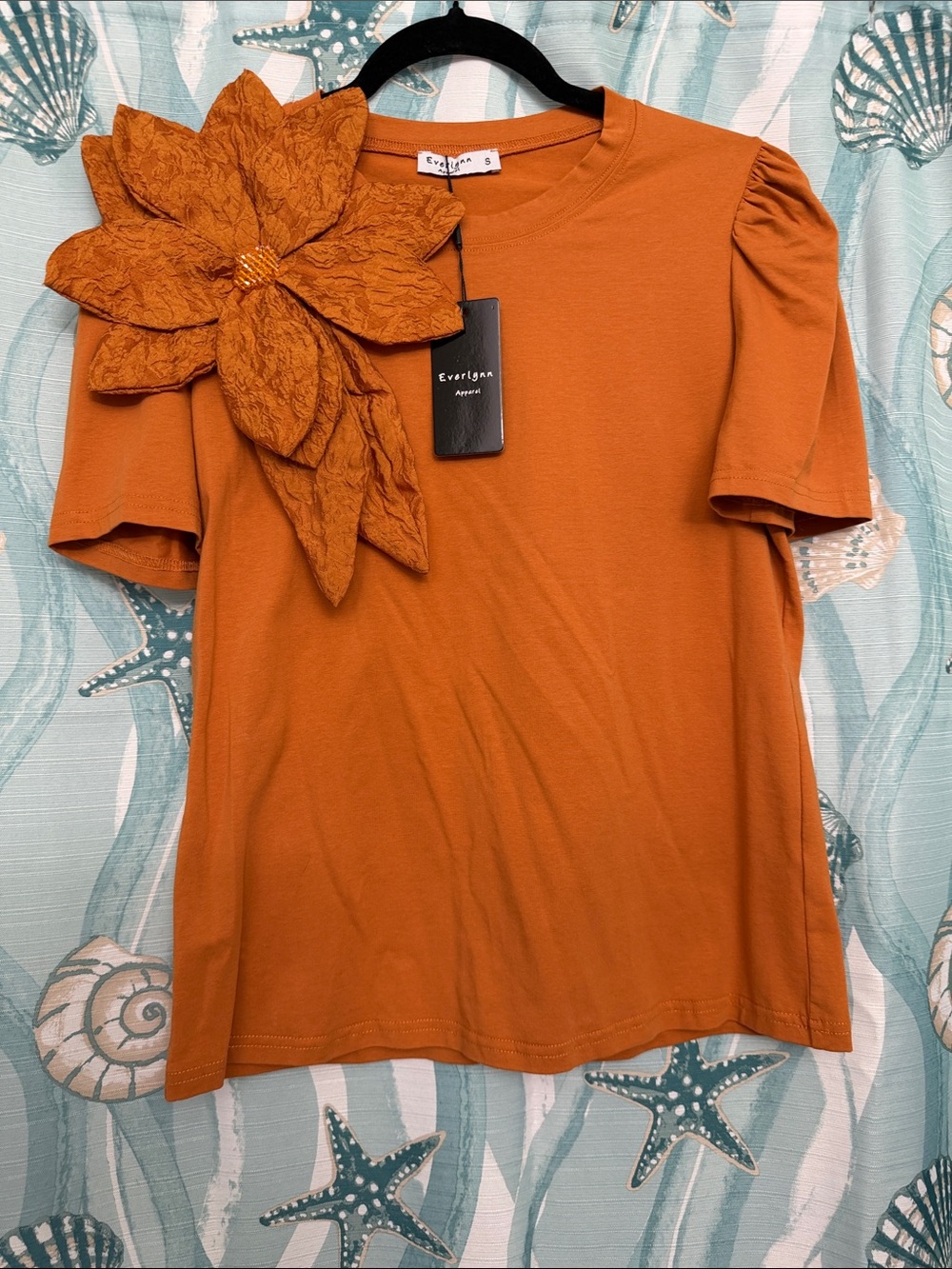 Everly Orange Short Sleeve Tee with Statement Flower